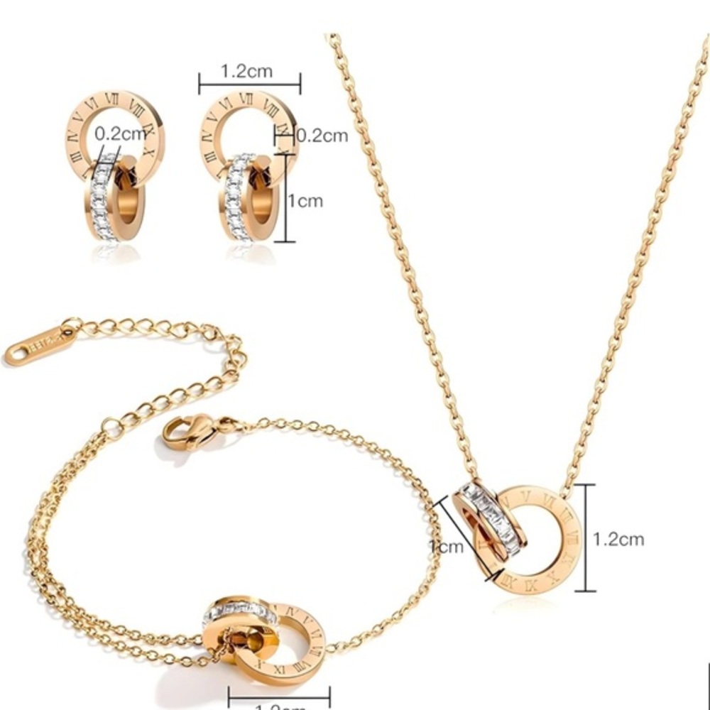 4pcs Stainless Steel Roman Numeral Jewelry Set - Gold Color